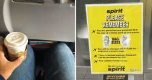 there's no legroom on a spirit airlines flight, a fake sign posted about spirit airlines