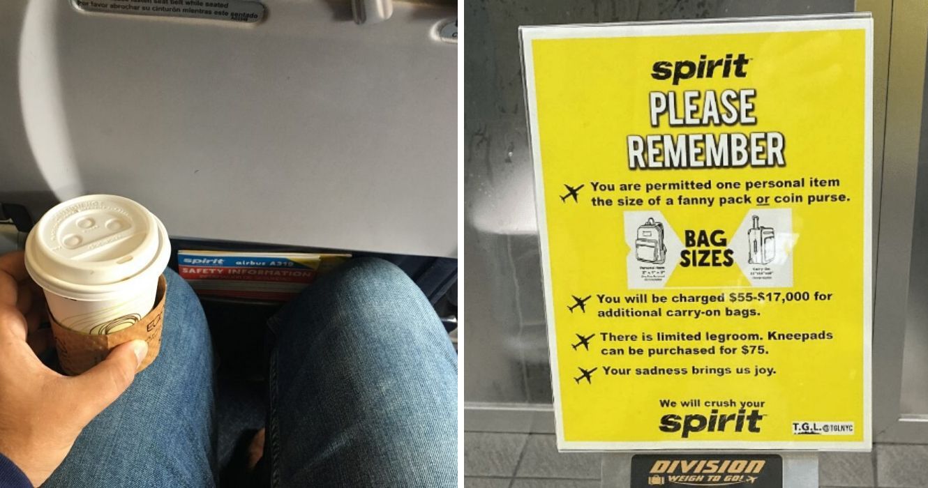 não há espaço para as pernas em um voo da Spirit Airlines, uma placa falsa postada sobre a Spirit Airlines