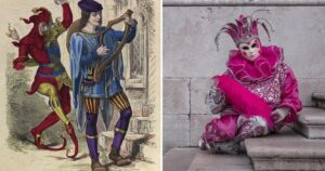 artwork depicting a court jester, a person dressed like a jester in veince, italy