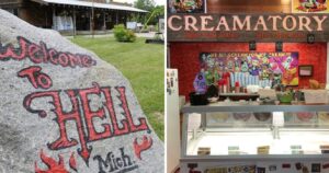 a sign for hell, michigan, the creamatory ice cream shop in hell, michigan