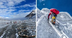climbers on the north route of everest, a climber on the ladder over khumbu icefall