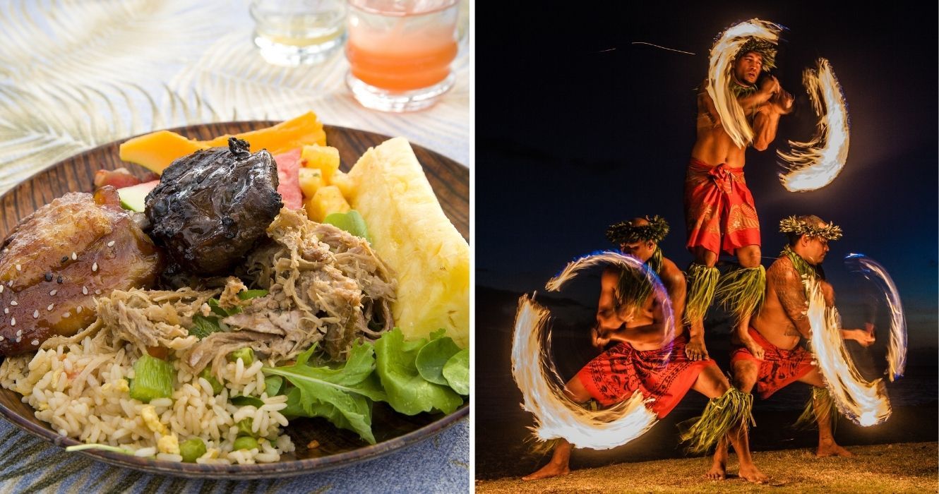 comida tradicional servida em um luau havaiano, dançarinos de faca de fogo polinésios
