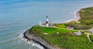 an aerial view of the montauk point lighthouse