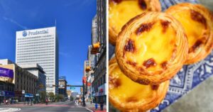 a busy street in newark, new jersey, portuguese egg tarts