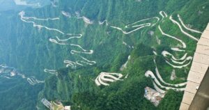 the view down of the winding road in the tianman mountains