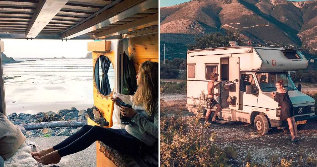 uma garota mora em seu trailer, um casal vai acampar com seu trailer nas montanhas