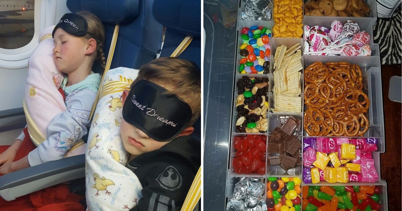 duas crianças adormecem em um avião, um truque de viagem para lanches para crianças