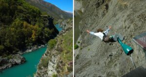 a bungee jumper at nevis bungy jump over the nevis river, new zealand