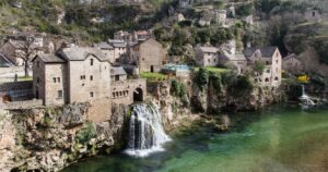 the town of lozere, france and its waterfall