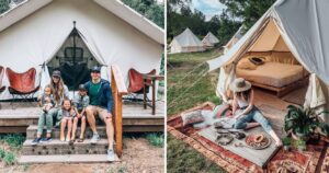 a family goes glamping, a girl sits outside a fancy tent with a picnic