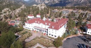 an aerial view of the stanley hotel