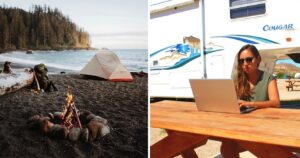 camping on the beach, working from an rv on vacation