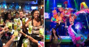 a group of friends making a toast at a miami bar, a dance show at salsa mia