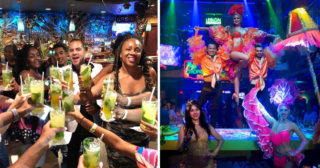 um grupo de amigos fazendo um brinde em um bar de miami, um show de dança no salsa mia