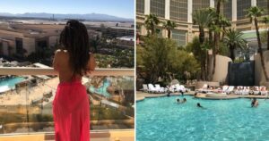 a girl stands on a balcony in vegas, a high-end vegas pool