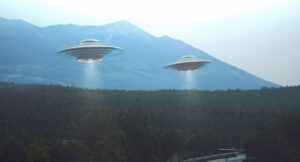 Two UFOs flying over a road among the trees