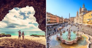 a couple holding hands on a beach in bali, a fountain in rome, italy