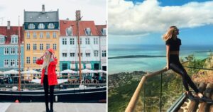 a girl stands in front of colorful buildings in denmark, a girl stands on an overlook in Mauritius