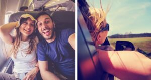couple on a flight, a woman on a road trip
