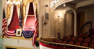 a memorial in the balcony of fords theatre for abraham lincoln