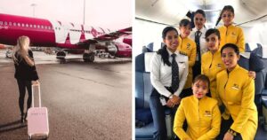 a girl prepares to board wow airlines, the flight crew of jet airline