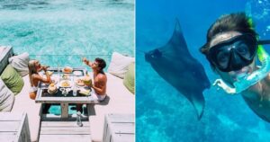 Couples having breakfast on deck on the ocean/ guy takes selfie with manta while snorkeling