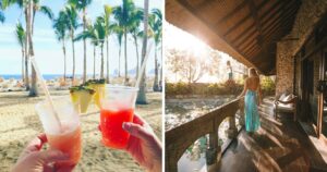Hands holding two drinks on a beach/Woman on a balcony at sunset at a resort