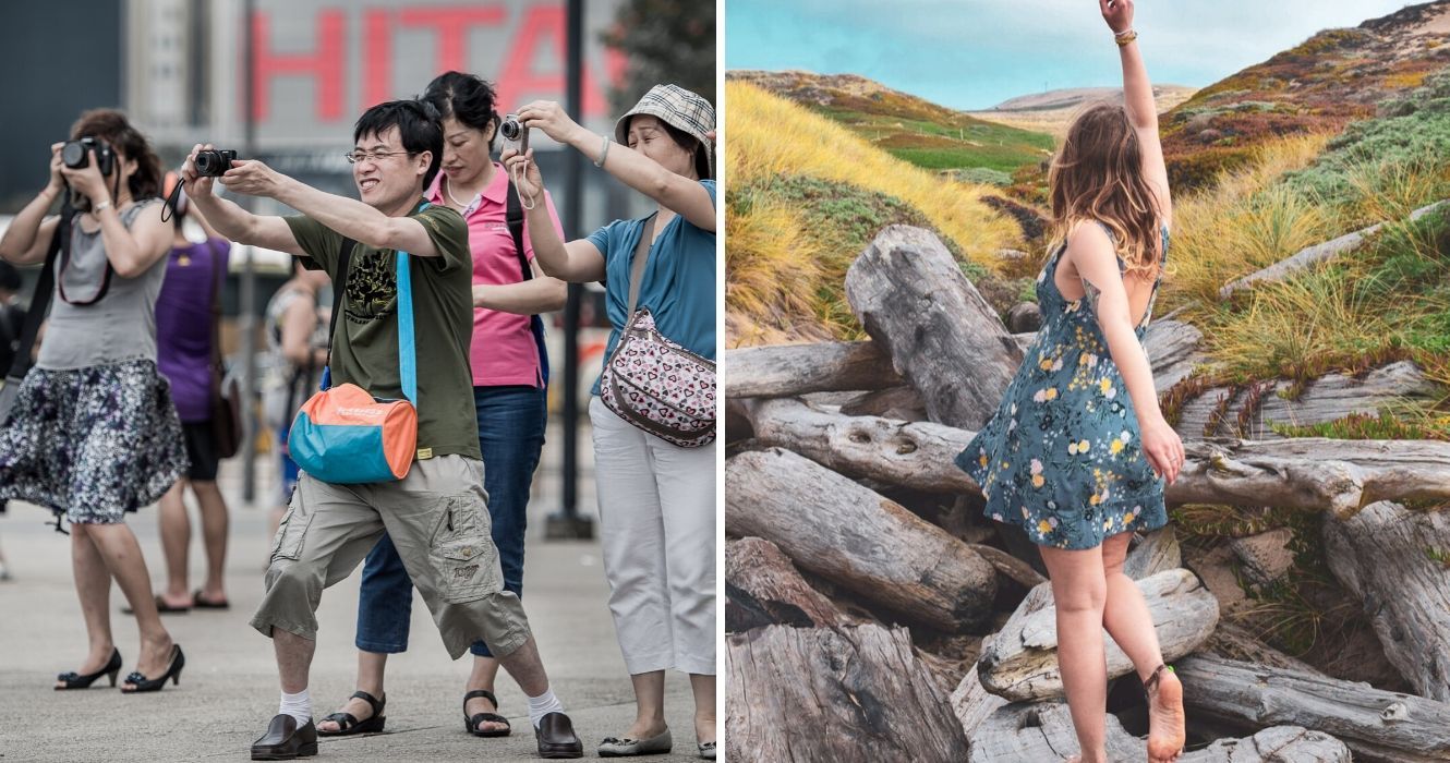 um grupo de turistas na china tentando tirar uma foto, uma garota tira uma selfie despreocupada