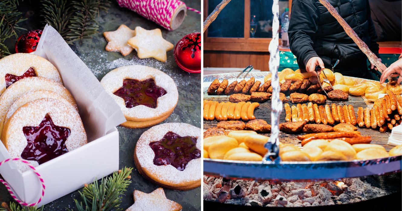 tortas linzer embrulhadas como um presente, um vendedor de alimentos preparando bratwurst em um mercado de natal na áustria