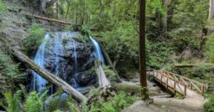 Waterfall and footbridge in Russian Gulch State Park Mendocino