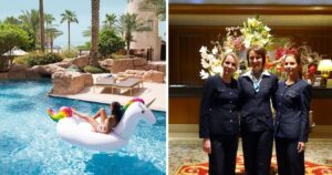a woman floats in the pool at a four seasons, the staff smile for a photo at a four seasons hotel