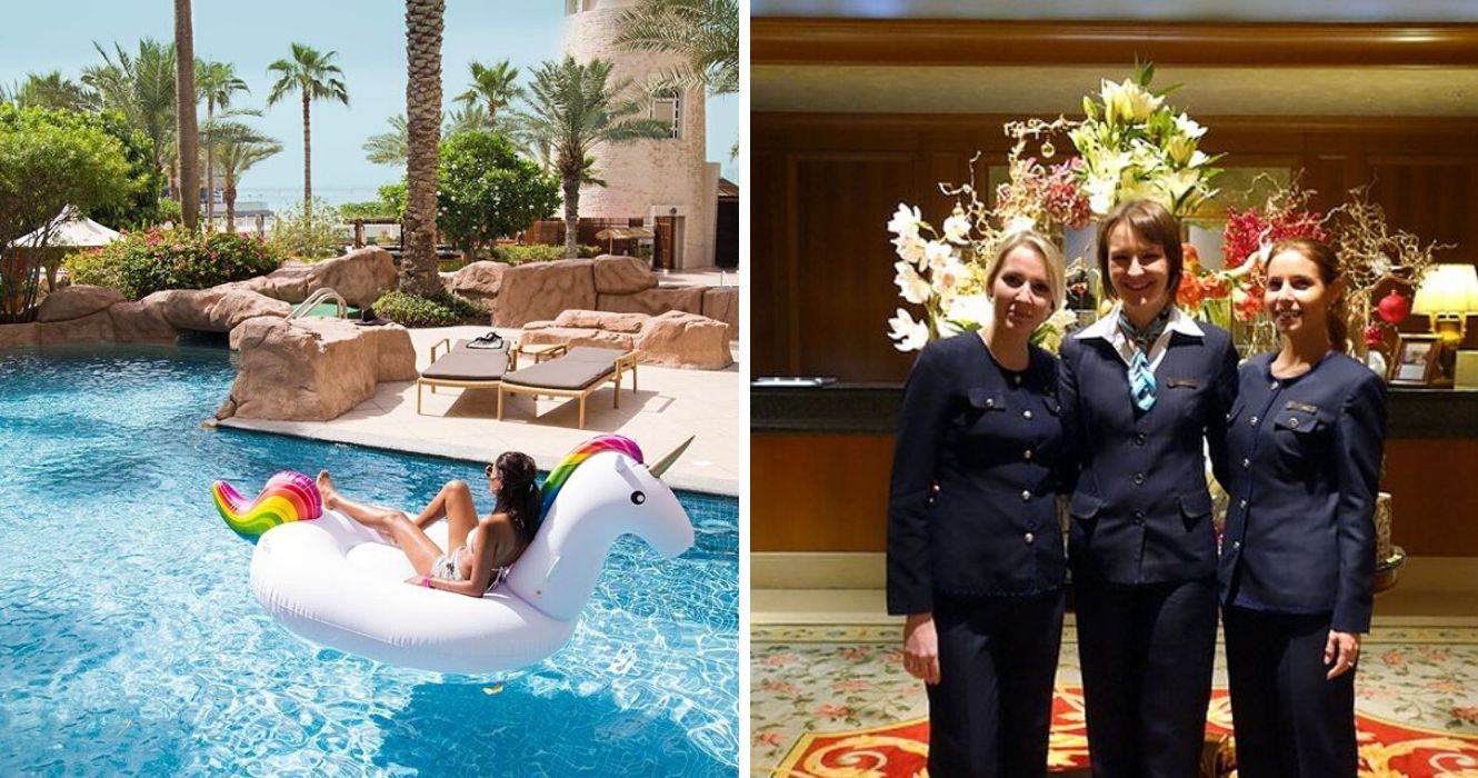 uma mulher flutua na piscina de um hotel four seasons, a equipe sorri para uma foto em um hotel four seasons