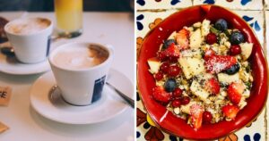 two cups of espresso, a bowl of fruit and yogurt in italy