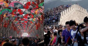 a crowded street in beijing is filled with colorful fans, the great wall of china is overly crowded