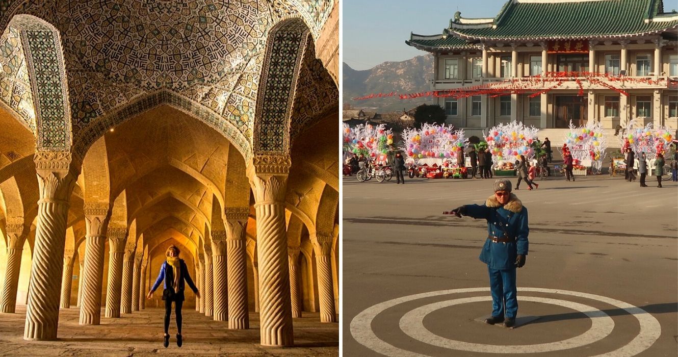 um turista caminha em torno de um edifício sagrado no irã, um guia turístico norte-coreano orienta alguém
