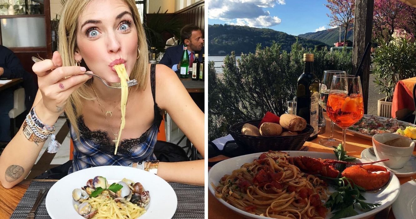 uma garota come macarrão, macarrão com vista na itália