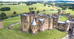 an aerial view of alnwick castle in northumberland