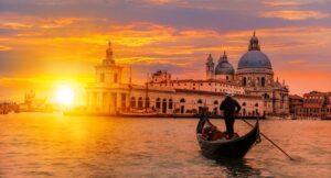 Venetian gondolier punting gondola