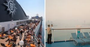 People on a cruise ship deck/man taking a photo in the fog