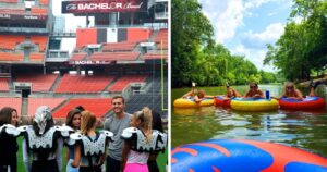 a shot from the bachelor in cleveland, a group of friends goes river tubing in ohio