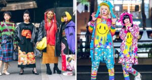 Group of people at Tokyo Fashion Week/two people dressed in colorful Harajuku style