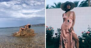 Vanessa Hudgens lying on a rock in her bikini/Vanessa Hudgens posing in a dress and hat